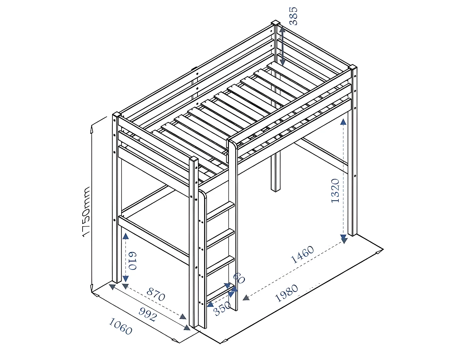 Lit mezzanine 90x190 cm bois massif bois naturel AARON