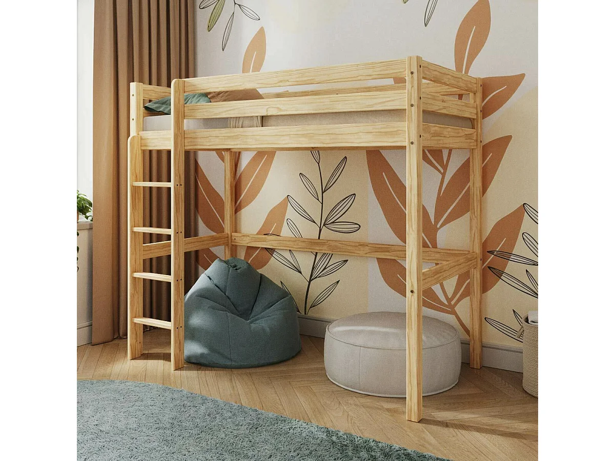 Lit mezzanine 90x190 cm bois massif bois naturel AARON