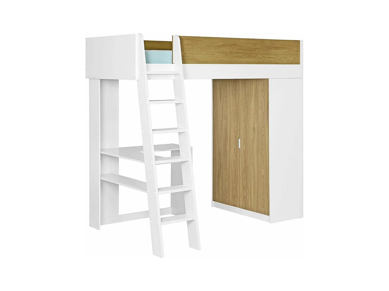 Pack lit mezzanine avec matelas 90x190 cm panneaux de fibres blanc et bois MEMPHIS