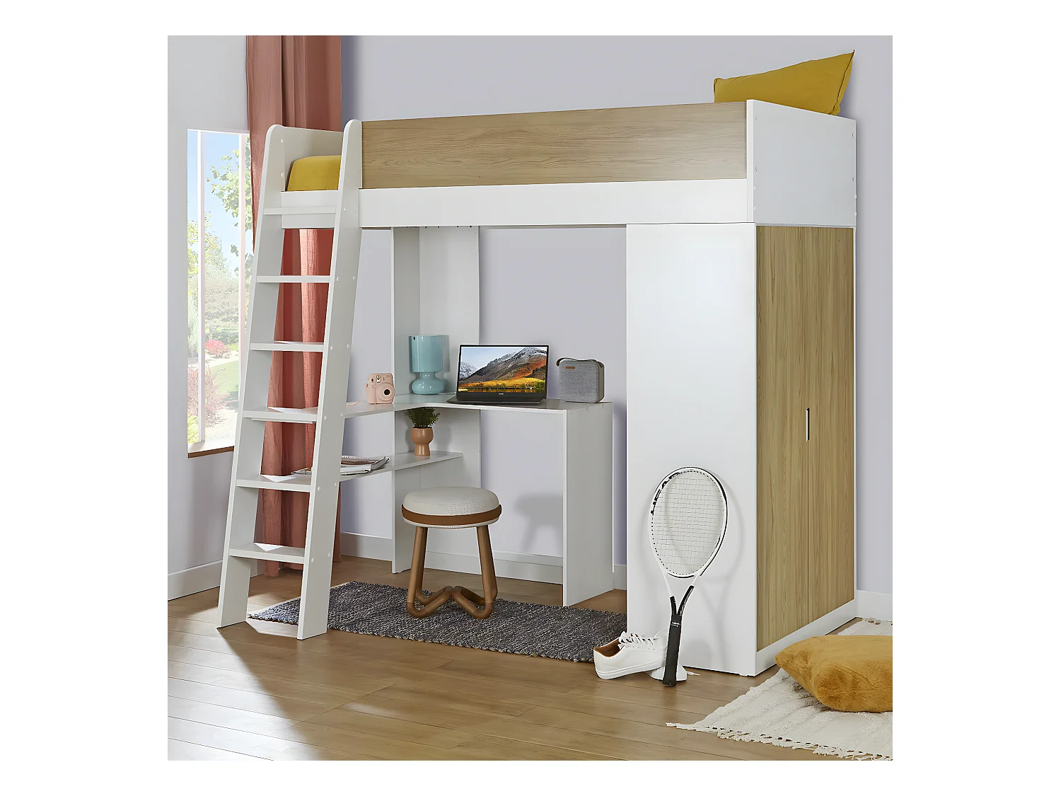 Pack lit mezzanine avec matelas 90x190 cm panneaux de fibres blanc et bois MEMPHIS