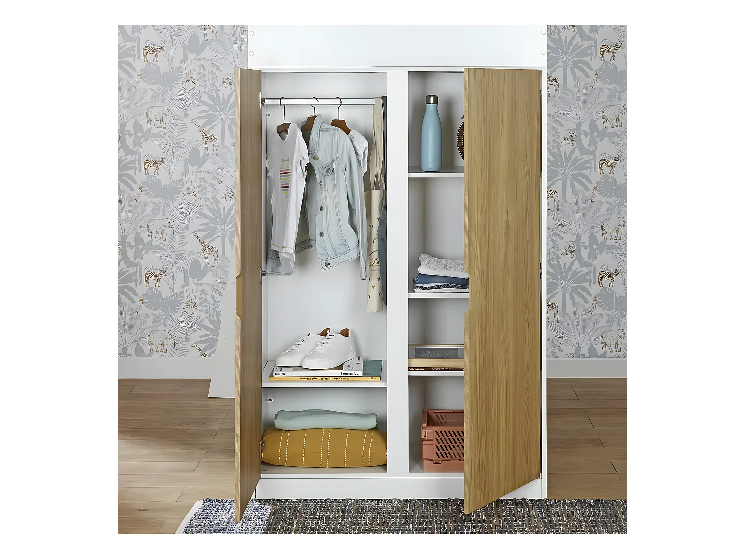 Pack lit mezzanine avec matelas 90x190 cm panneaux de fibres blanc et bois MEMPHIS