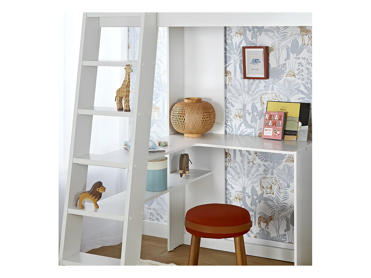 Pack lit mezzanine avec matelas 90x190 cm panneaux de fibres blanc et bois MEMPHIS