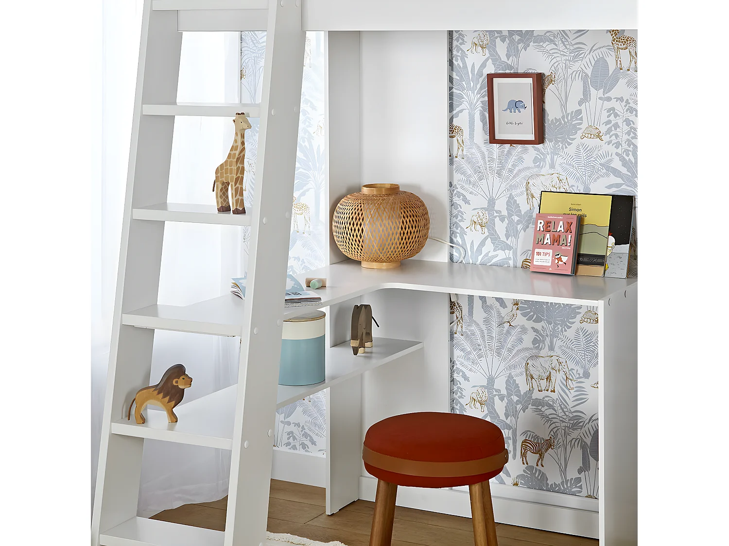 Pack lit mezzanine avec matelas 90x190 cm panneaux de fibres blanc et bois MEMPHIS