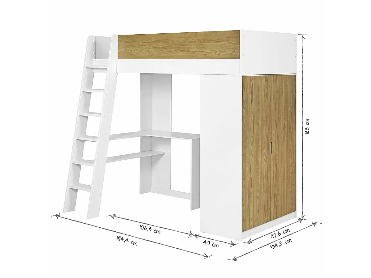 Pack lit mezzanine avec matelas 90x190 cm panneaux de fibres blanc et bois MEMPHIS
