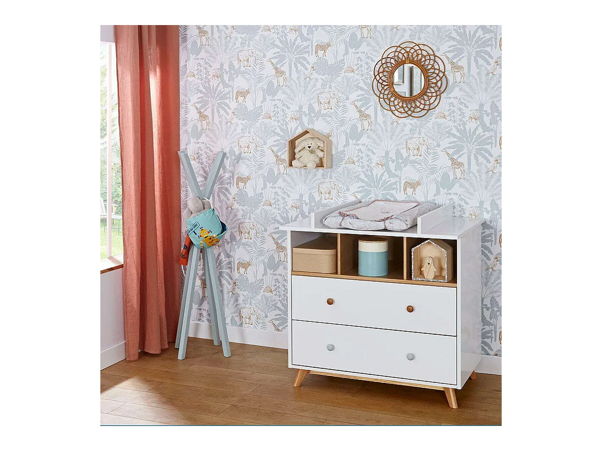 Commode 2 tiroirs bébé  mdf blanc et bois KOMBU
