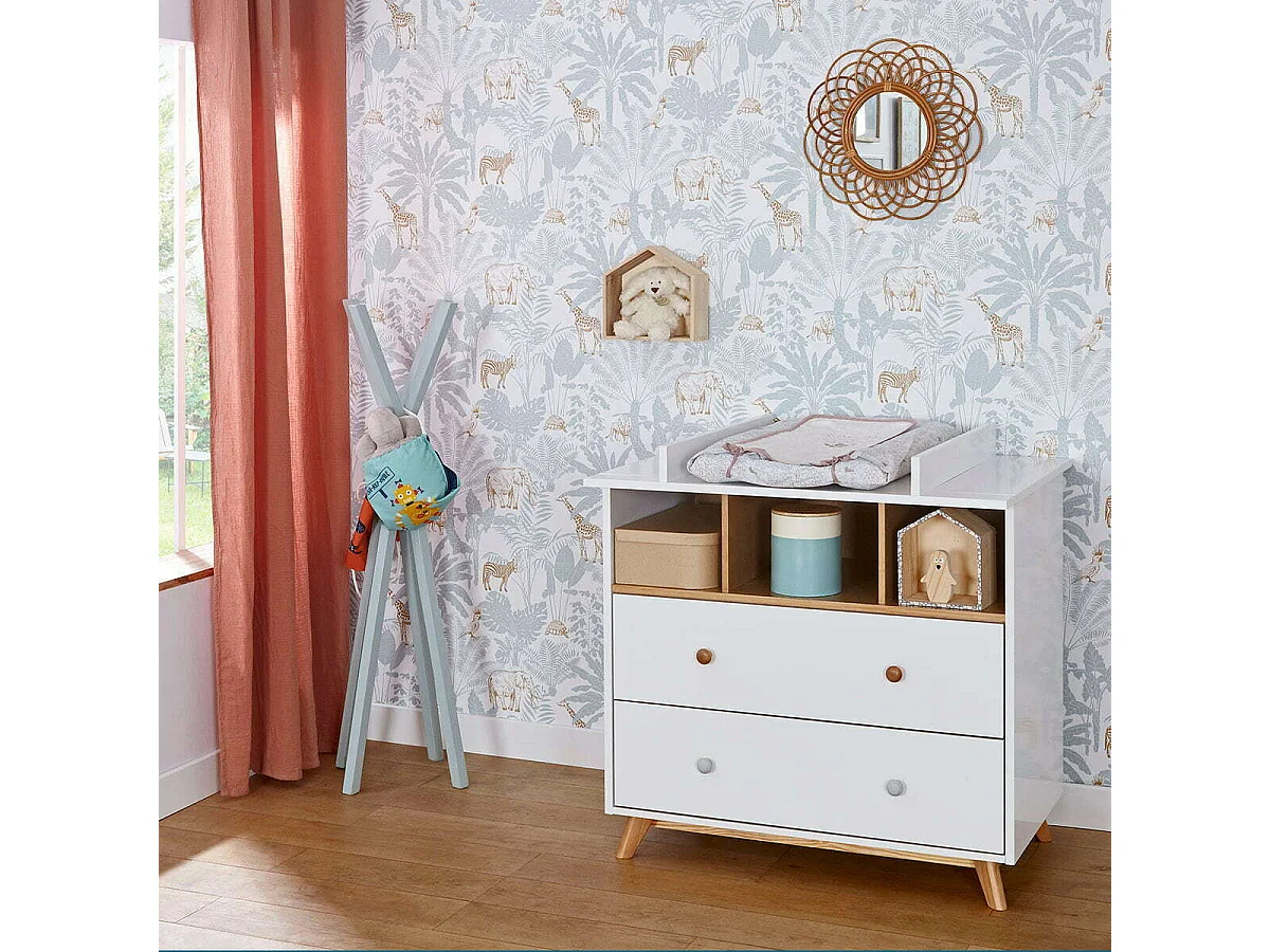 Commode 2 tiroirs bébé  mdf blanc et bois KOMBU