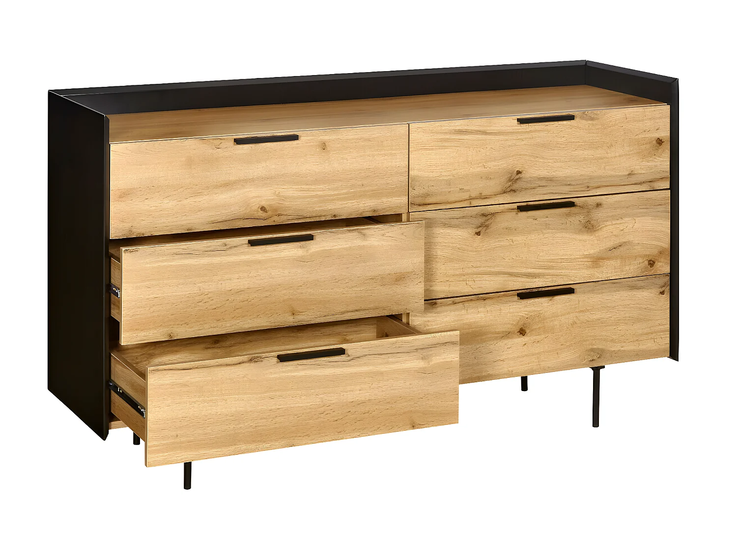 Commode 6 tiroirs  panneaux de fibres noir et bois MIKO