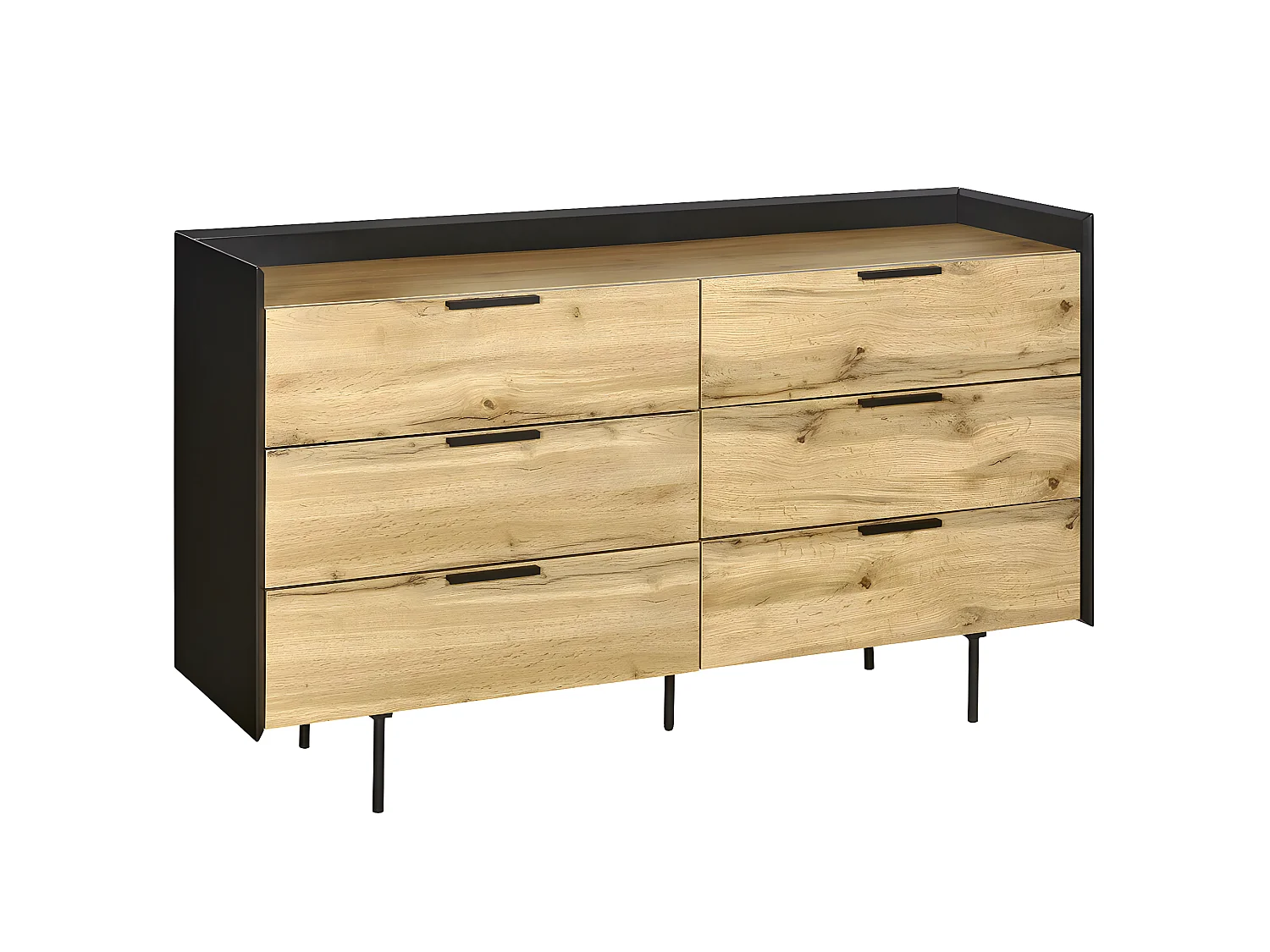 Commode 6 tiroirs  panneaux de fibres noir et bois MIKO