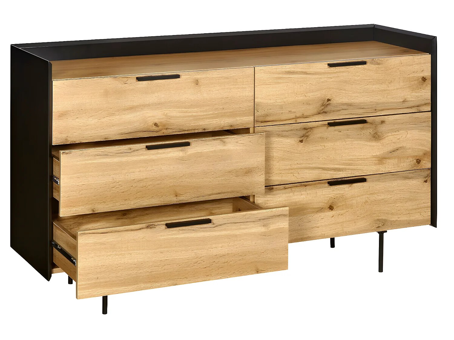 Commode 6 tiroirs  panneaux de fibres noir et bois MIKO