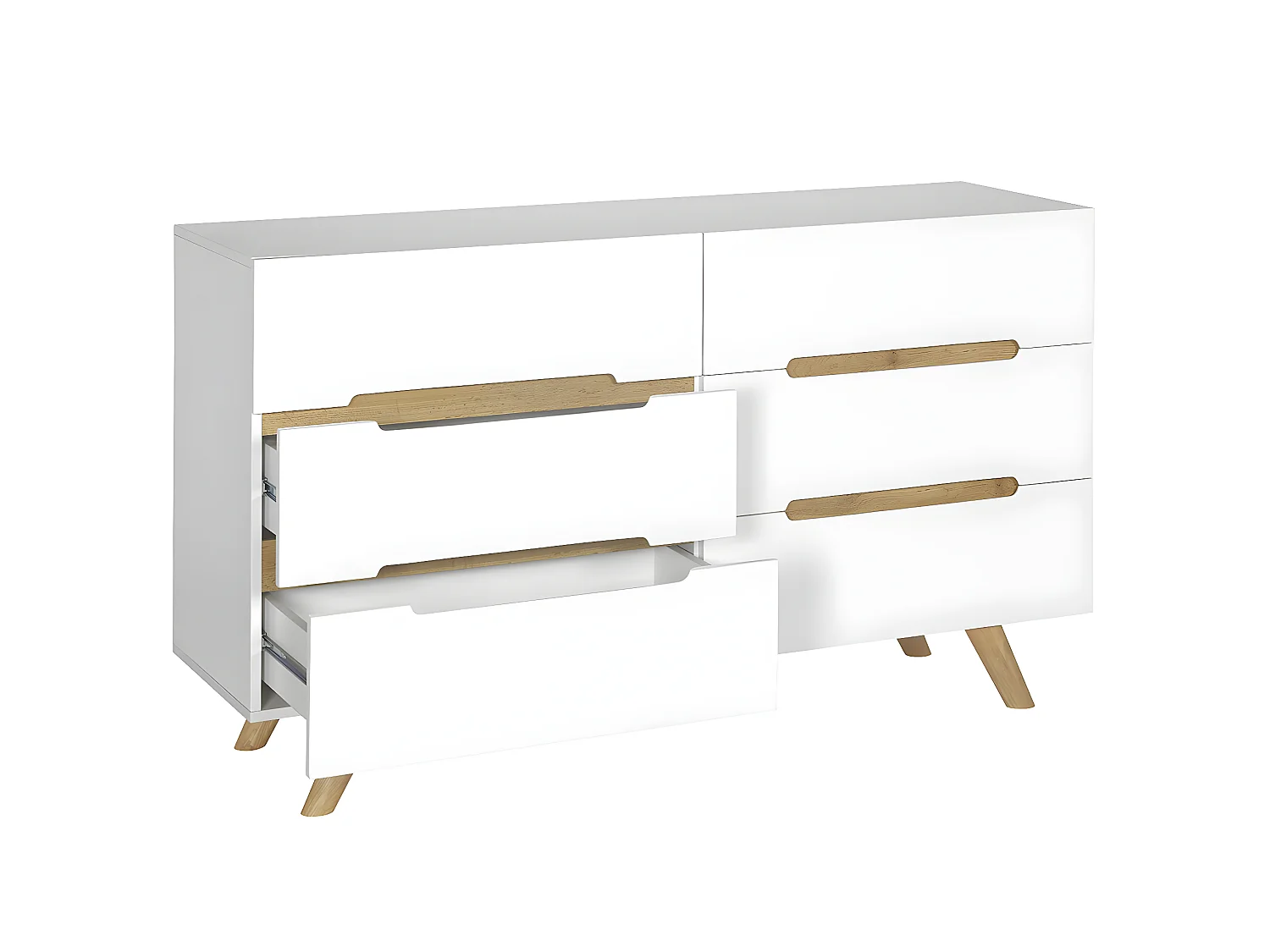 Commode 6 tiroirs  panneaux de fibres blanc et bois KOTA