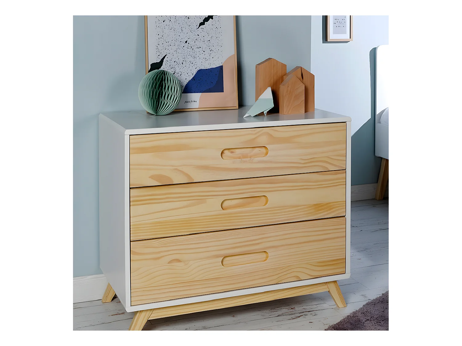 Commode 3 tiroirs  bois massif blanc et bois ZOLA