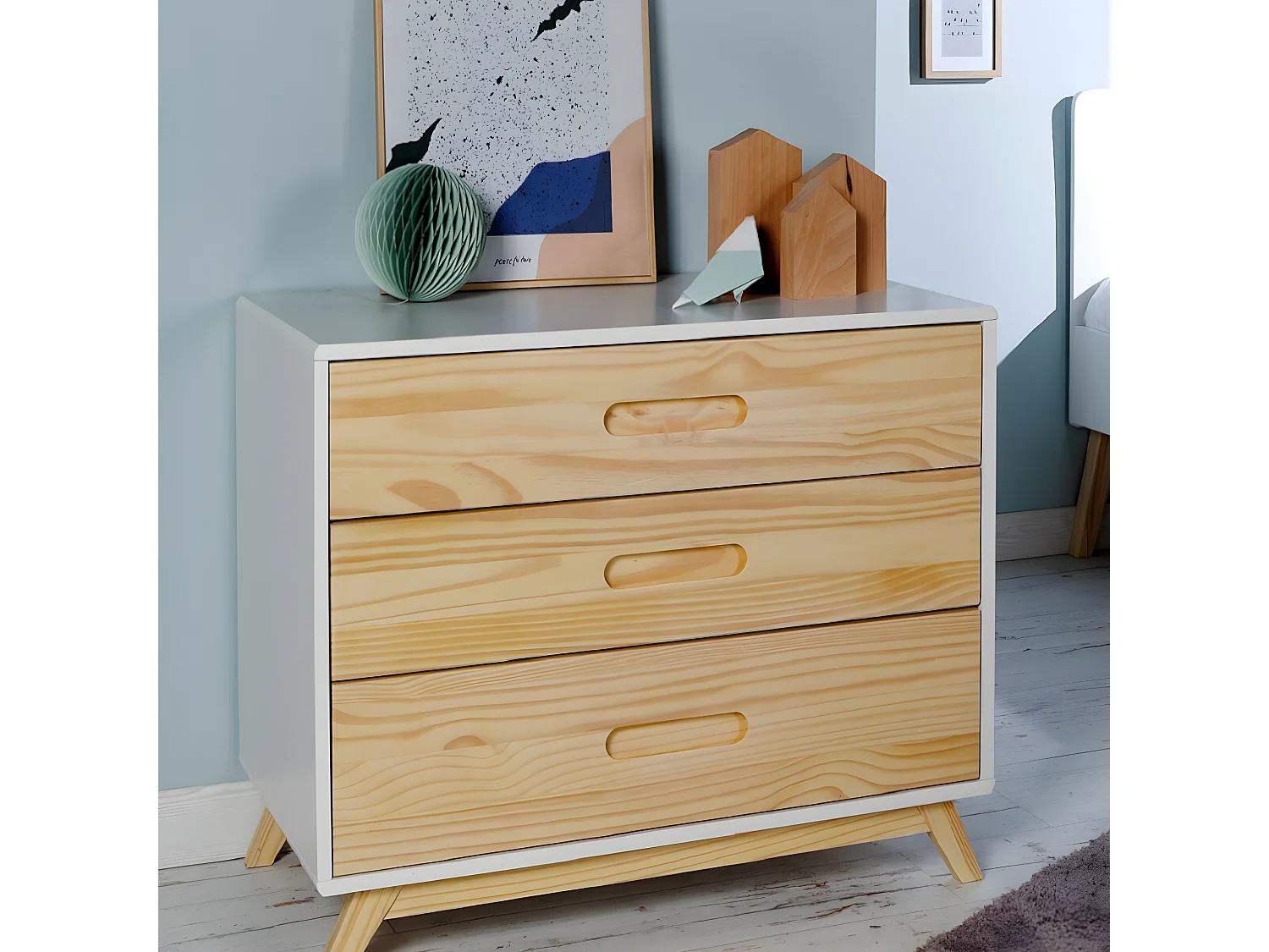 Commode 3 tiroirs  bois massif blanc et bois ZOLA