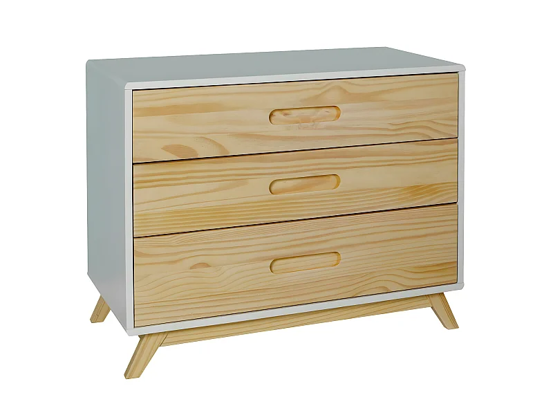 Commode 3 tiroirs  bois massif blanc et bois ZOLA