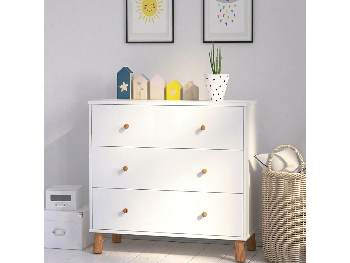 Commode enfant  panneaux de fibres blanc et bois GABBY