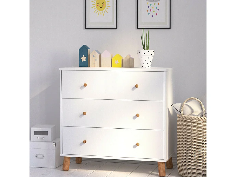 Commode enfant  panneaux de fibres blanc et bois GABBY