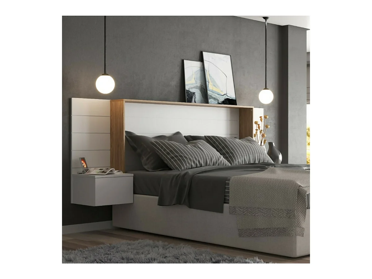 Tête de lit avec chevets 160 cm panneaux de fibres blanc et bois FARO