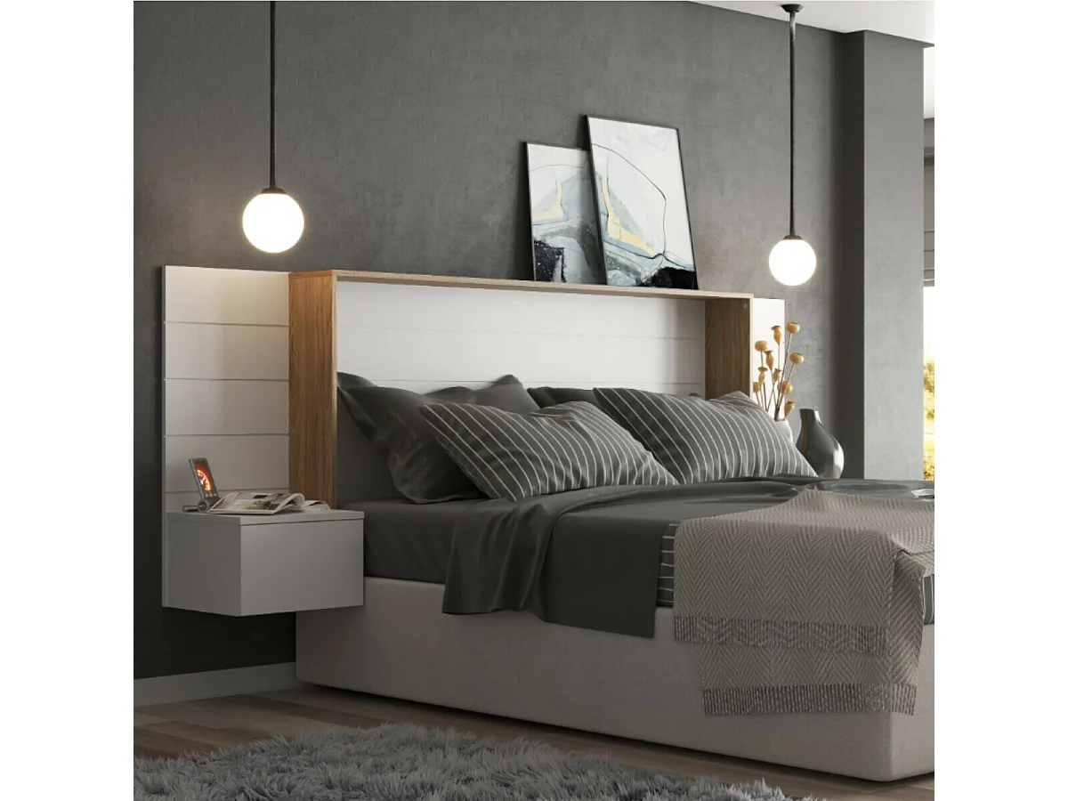 Tête de lit avec chevets 160 cm panneaux de fibres blanc et bois FARO