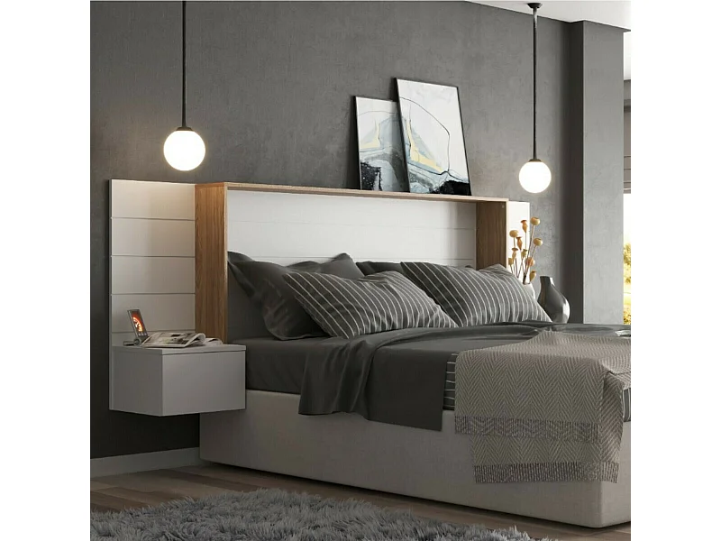 Tête de lit avec chevets 160 cm panneaux de fibres blanc et bois FARO