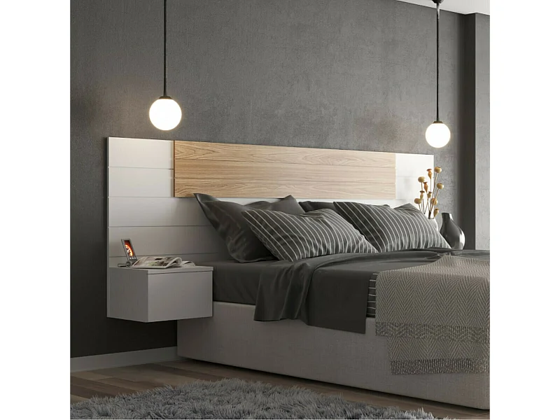 Tête de lit avec chevets 160 cm panneaux de fibres blanc et bois FREEDA