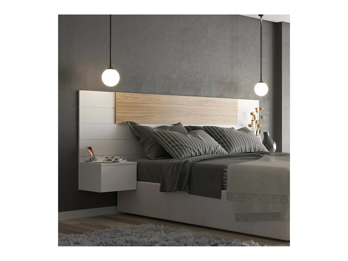 Tête de lit avec chevets 160 cm panneaux de fibres blanc et bois FREEDA