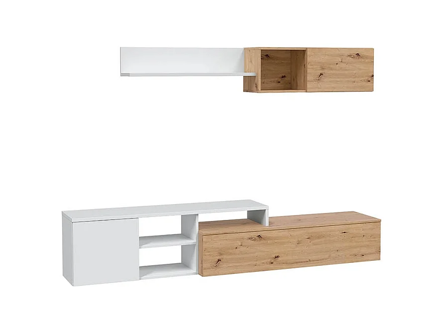 Ensemble meuble TV réversible JULIA - Mélaminé blanc et chêne - 2 Portes abattantes - 194 x 57 x 109 cm