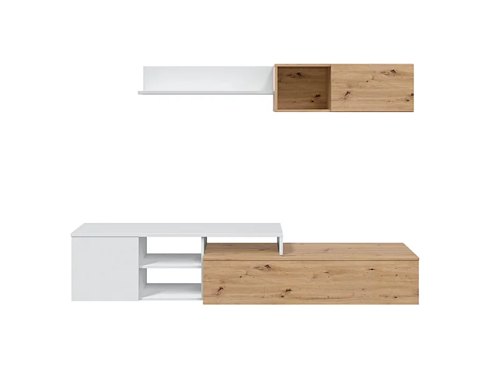Ensemble meuble TV réversible JULIA - Mélaminé blanc et chêne - 2 Portes abattantes - 194 x 57 x 109 cm
