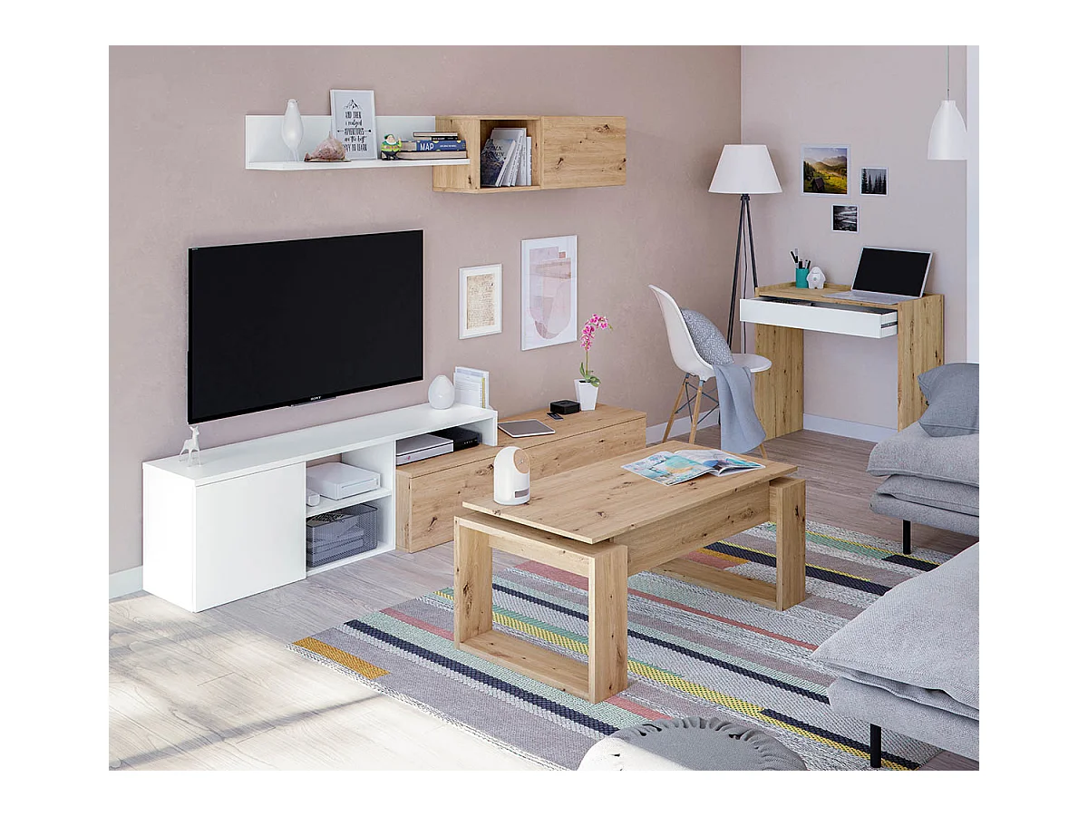 Ensemble meuble TV réversible JULIA - Mélaminé blanc et chêne - 2 Portes abattantes - 194 x 57 x 109 cm