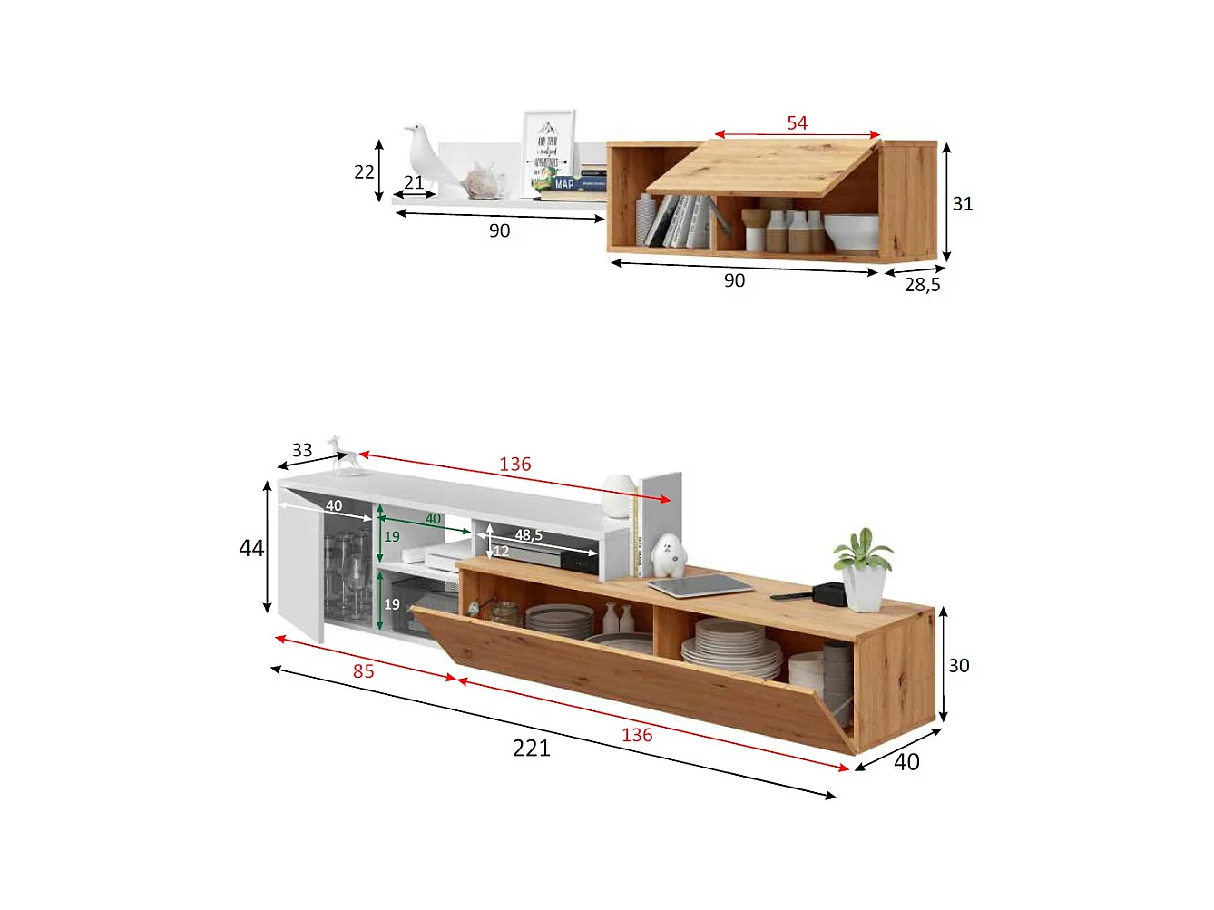 Ensemble meuble TV réversible JULIA - Mélaminé blanc et chêne - 2 Portes abattantes - 194 x 57 x 109 cm