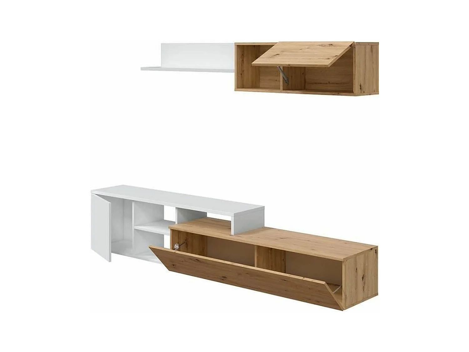 Ensemble meuble TV réversible JULIA - Mélaminé blanc et chêne - 2 Portes abattantes - 194 x 57 x 109 cm