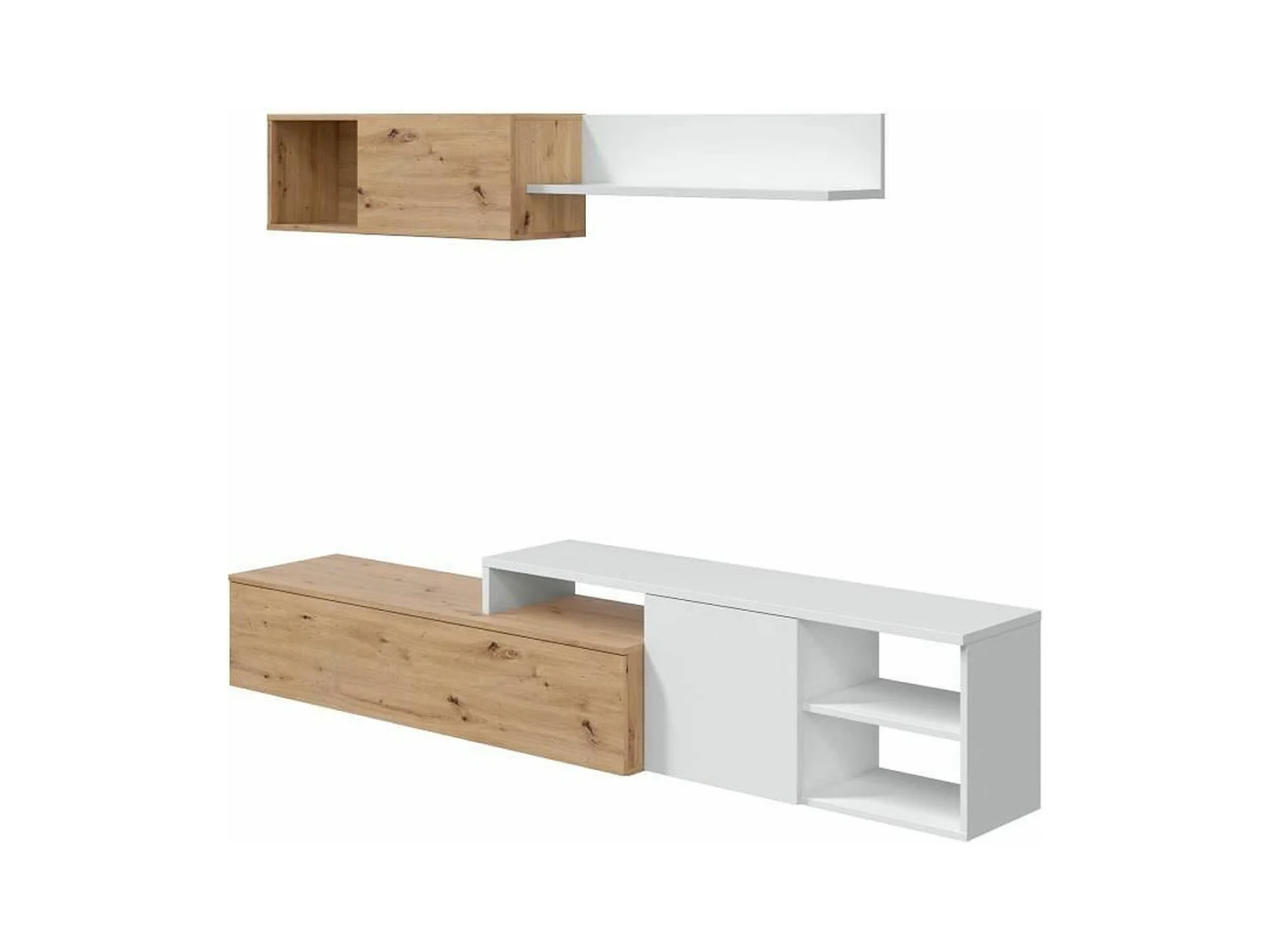 Ensemble meuble TV réversible JULIA - Mélaminé blanc et chêne - 2 Portes abattantes - 194 x 57 x 109 cm