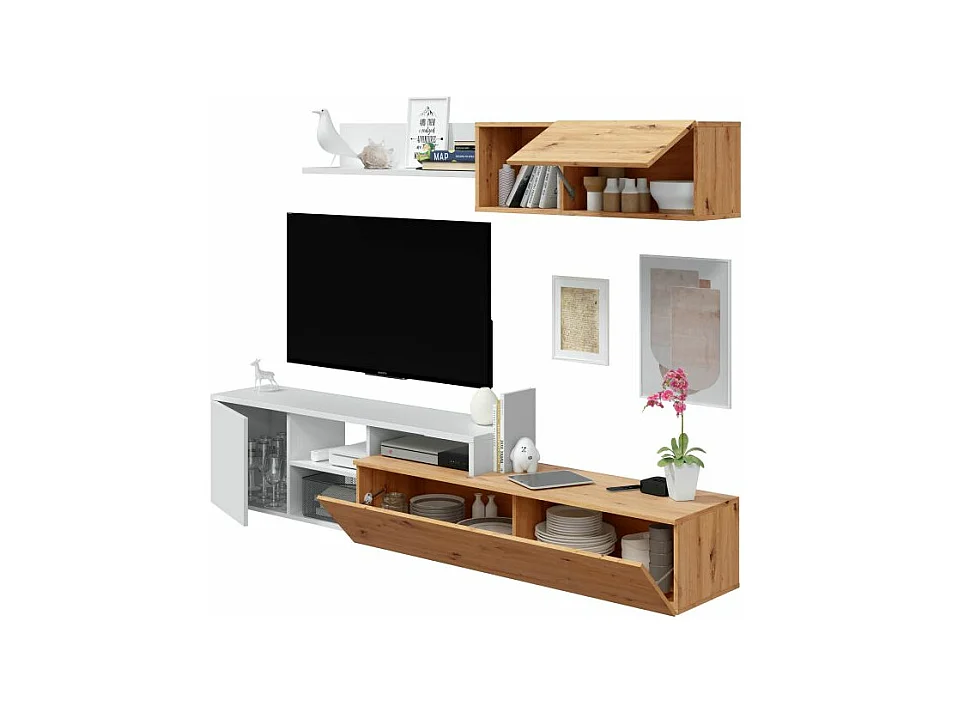 Ensemble meuble TV réversible JULIA - Mélaminé blanc et chêne - 2 Portes abattantes - 194 x 57 x 109 cm