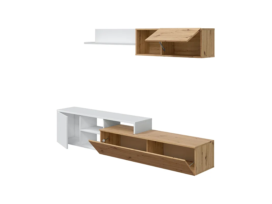 Ensemble meuble TV réversible JULIA - Mélaminé blanc et chêne - 2 Portes abattantes - 194 x 57 x 109 cm