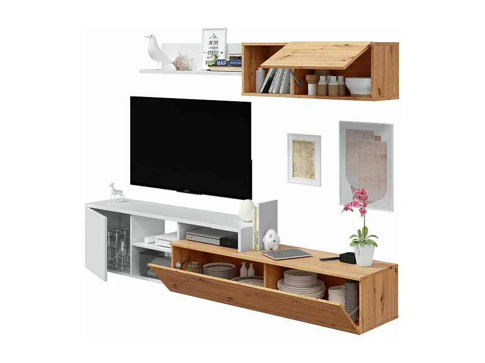 WendeTVSchrankset JULIA – Melamin in Weiß und Eiche – 2 Klapptüren – 194 x 57 x 109 cm