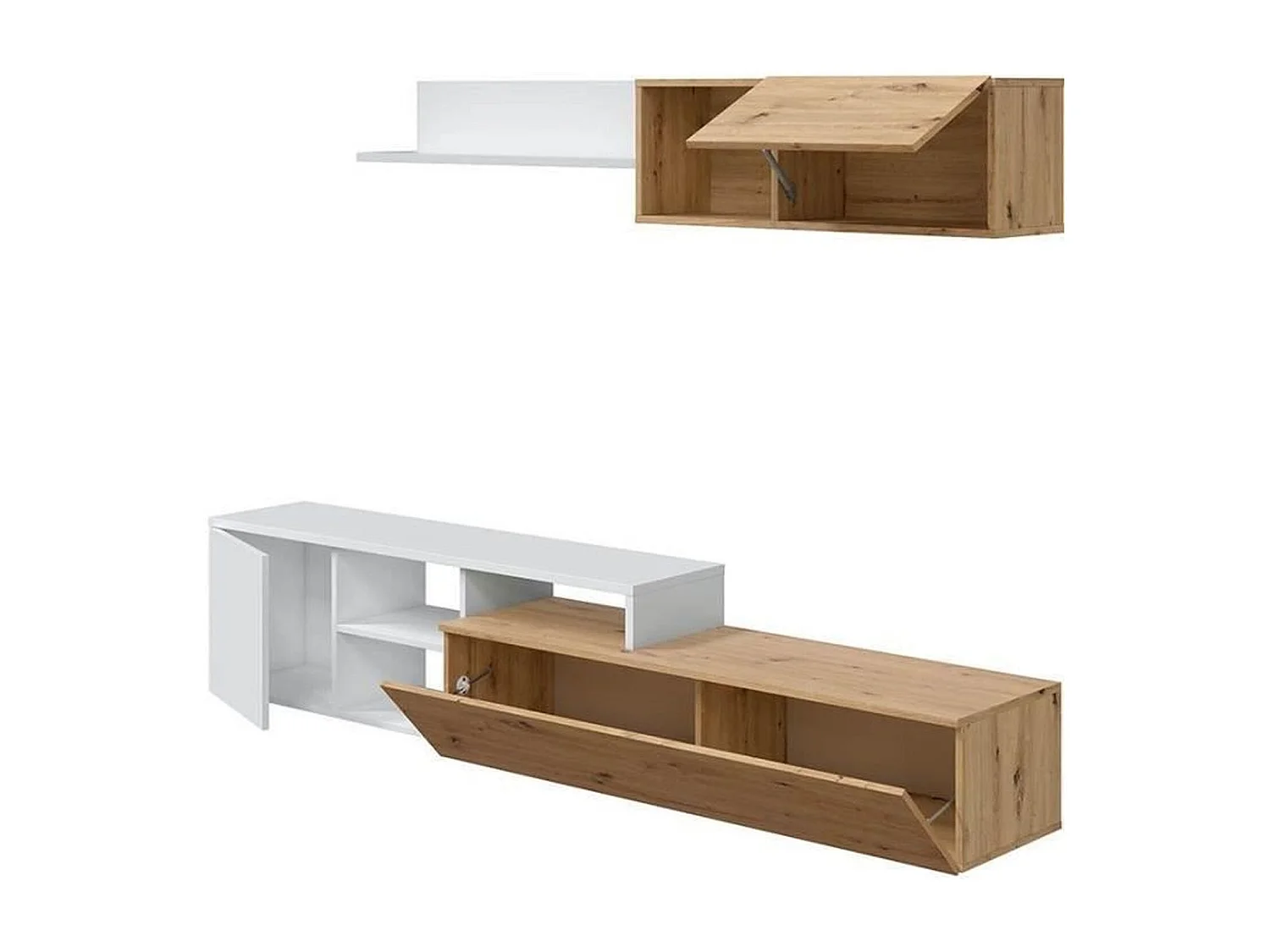 Ensemble meuble TV réversible JULIA - Mélaminé blanc et chêne - 2 Portes abattantes - 194 x 57 x 109 cm