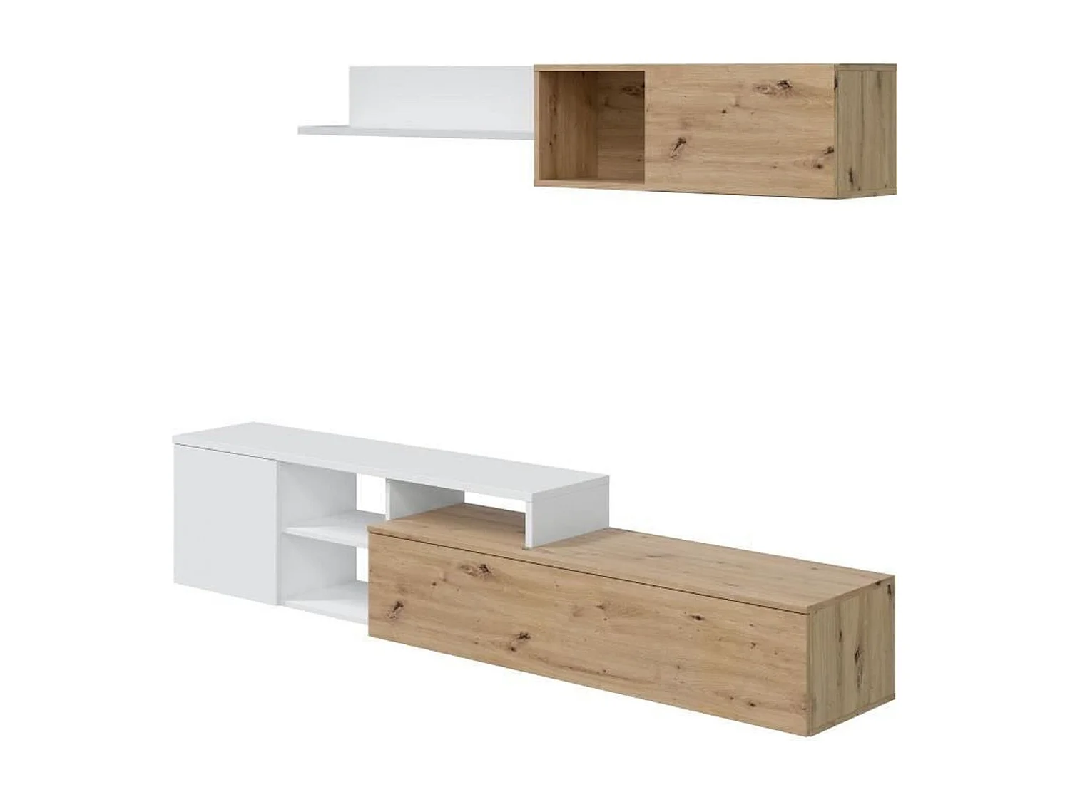 Ensemble meuble TV réversible JULIA - Mélaminé blanc et chêne - 2 Portes abattantes - 194 x 57 x 109 cm