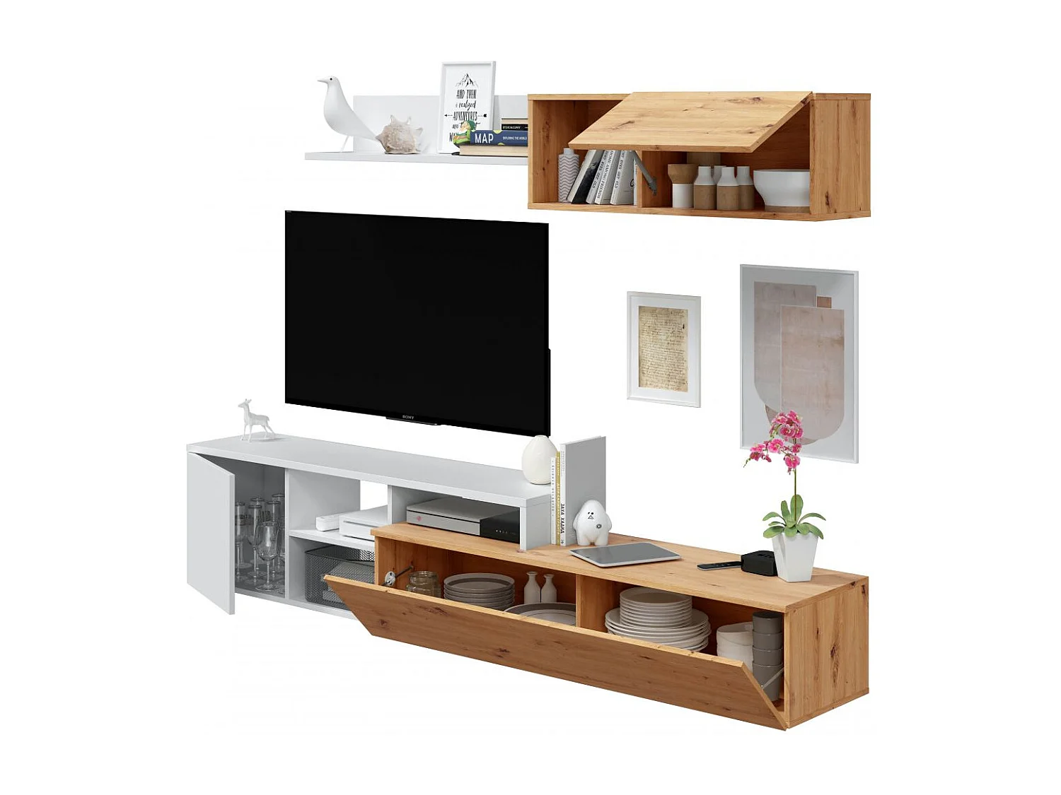 Ensemble meuble TV réversible JULIA - Mélaminé blanc et chêne - 2 Portes abattantes - 194 x 57 x 109 cm