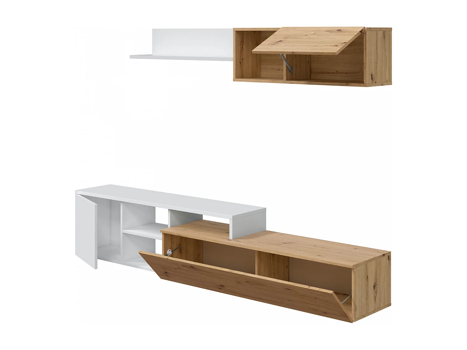 Ensemble meuble TV réversible JULIA - Mélaminé blanc et chêne - 2 Portes abattantes - 194 x 57 x 109 cm