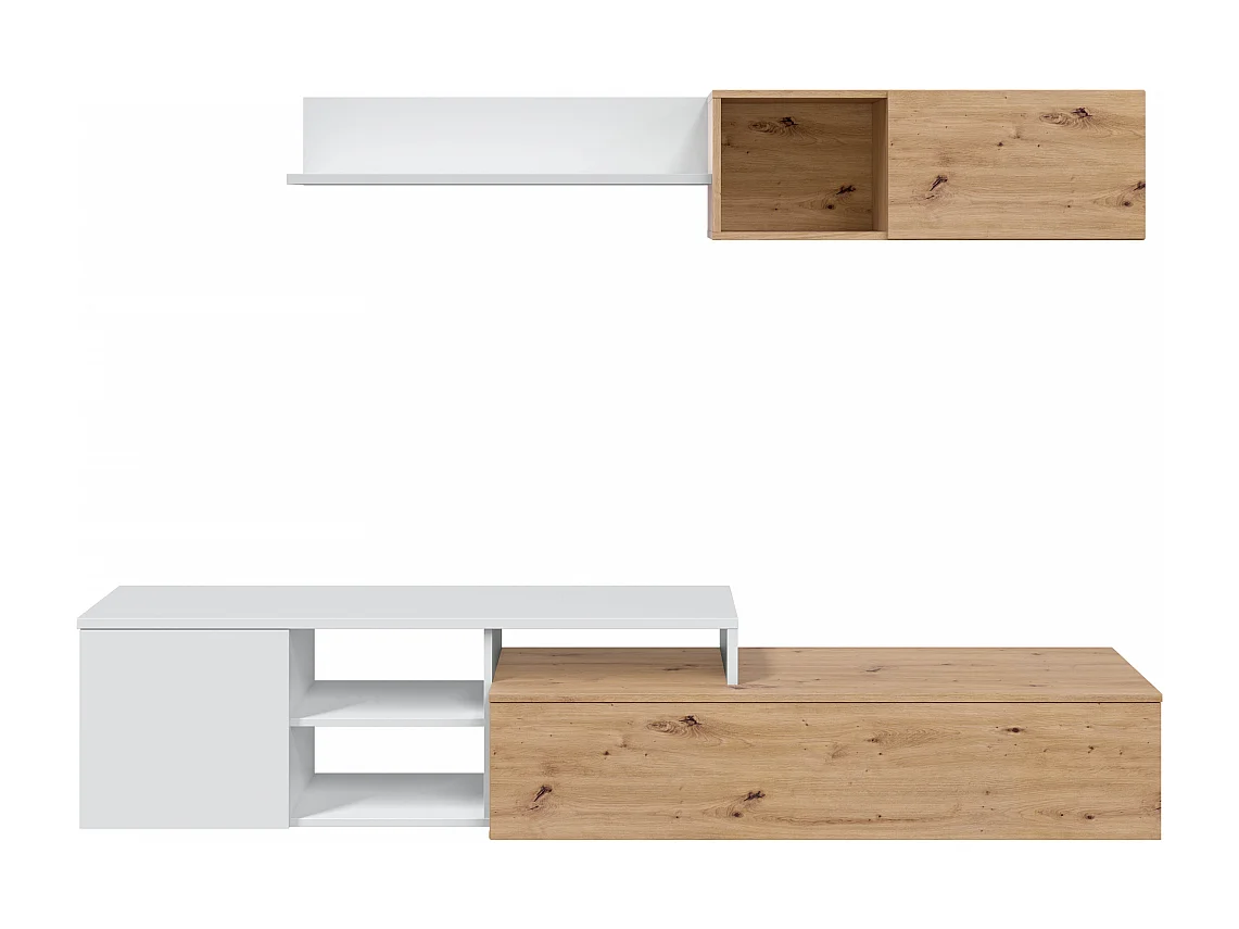 Ensemble meuble TV réversible JULIA - Mélaminé blanc et chêne - 2 Portes abattantes - 194 x 57 x 109 cm