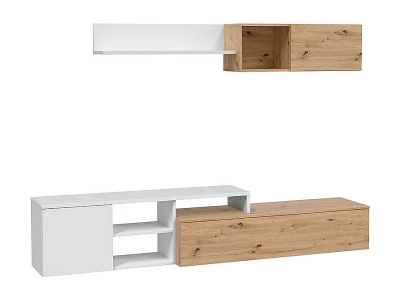 Ensemble meuble TV réversible JULIA - Mélaminé blanc et chêne - 2 Portes abattantes - 194 x 57 x 109 cm