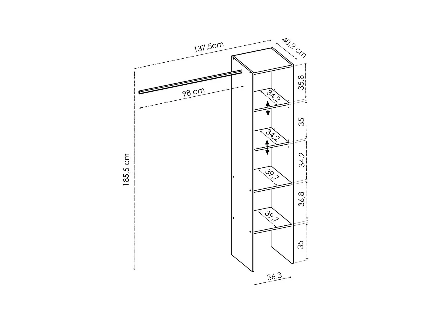 Vestidor Suit 4 estantes+1 barra para colgar Nordic 185,5x137x5x40,2 cm