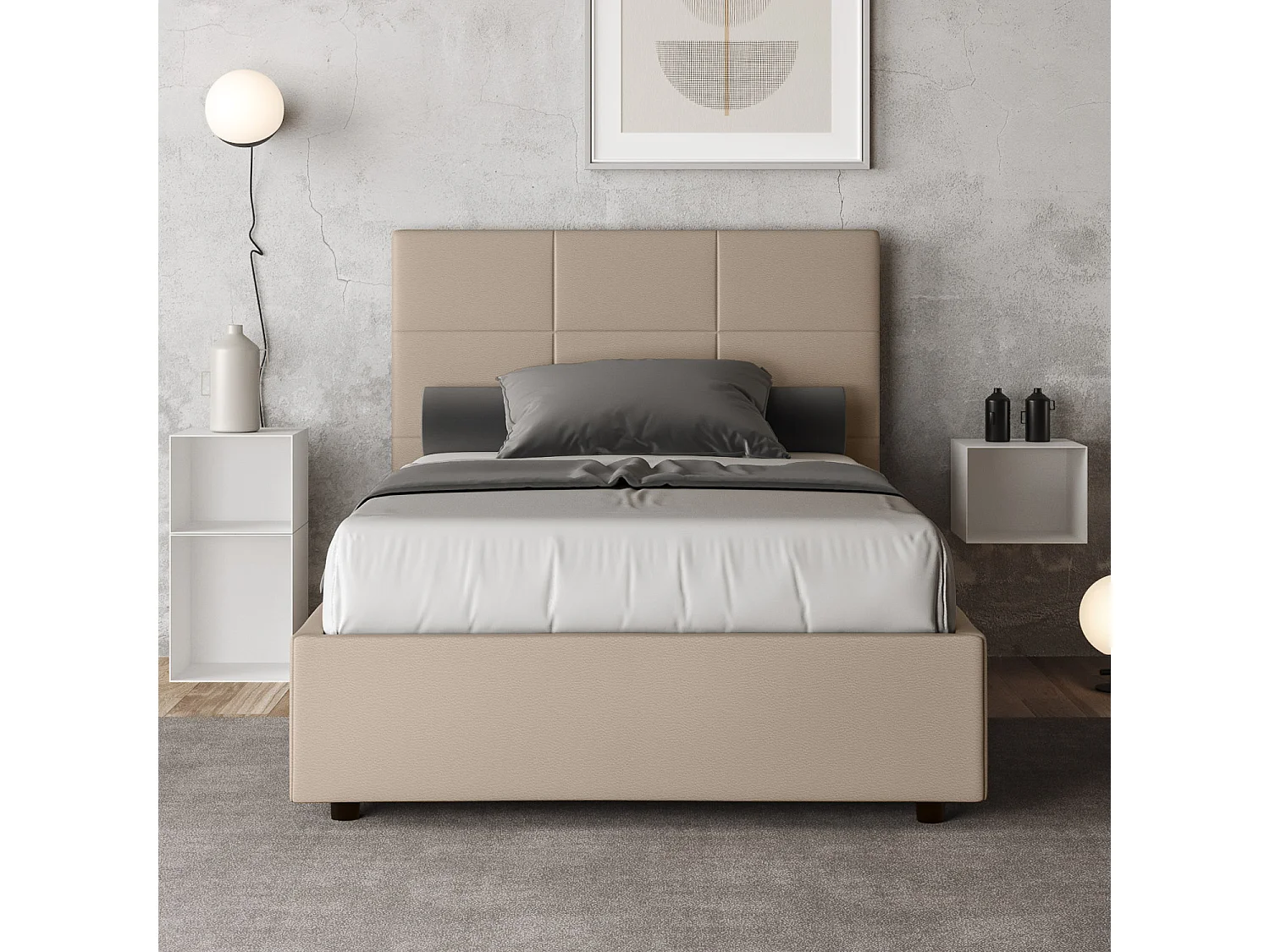 Lit double avec sommier rembourré 140x200 similicuir taupe Mika