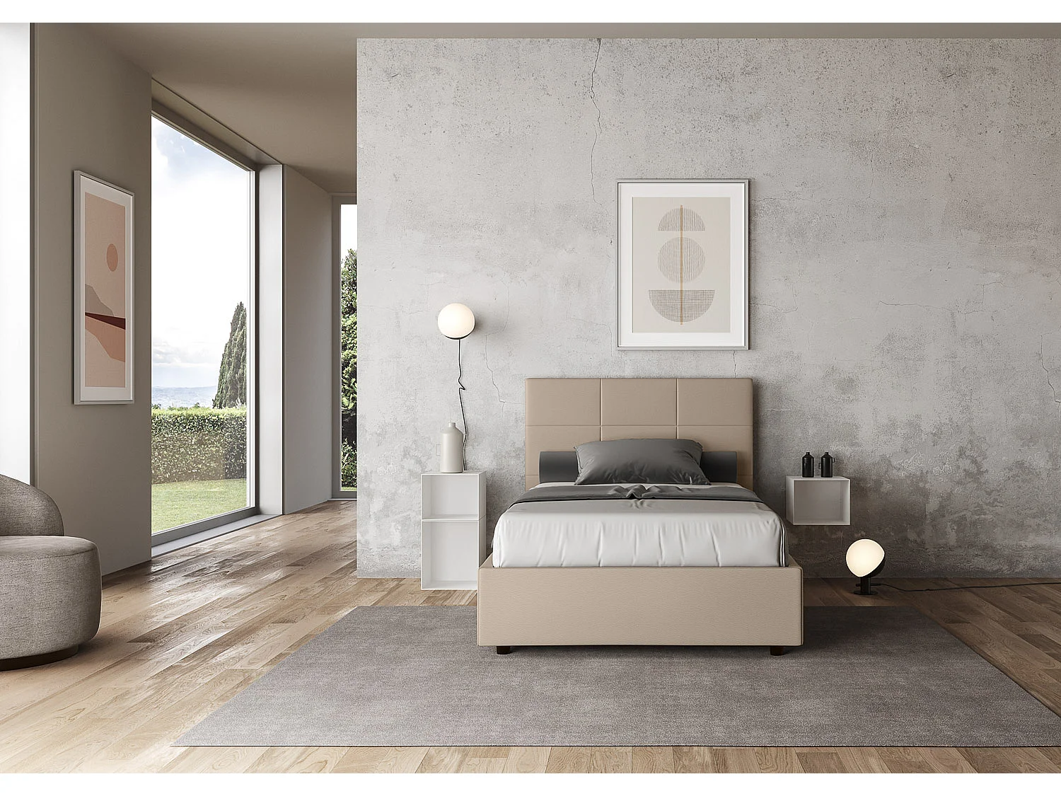 Lit double avec sommier rembourré 140x200 similicuir taupe Mika