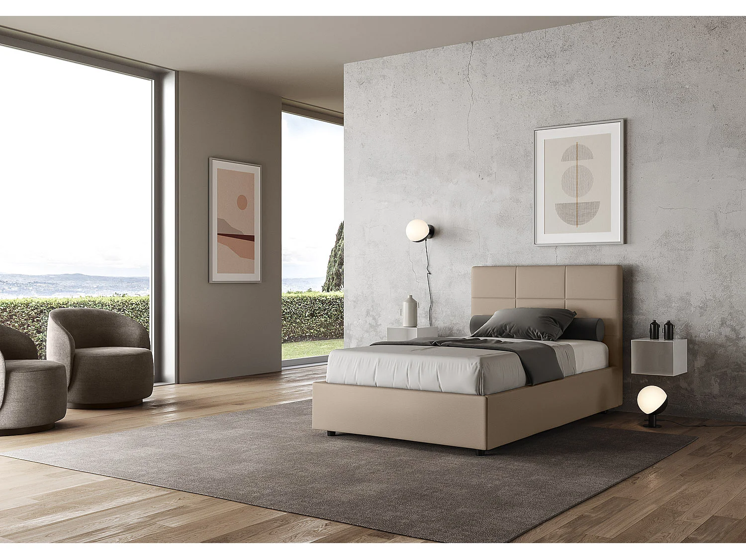 Lit double avec sommier rembourré 140x200 similicuir taupe Mika