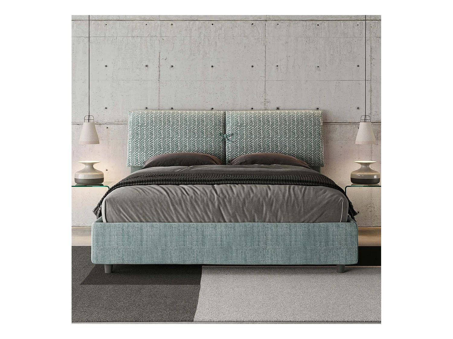 Lit avec sommier rembourrée 160x210 tissu Aragona 7 bleu clair Mados