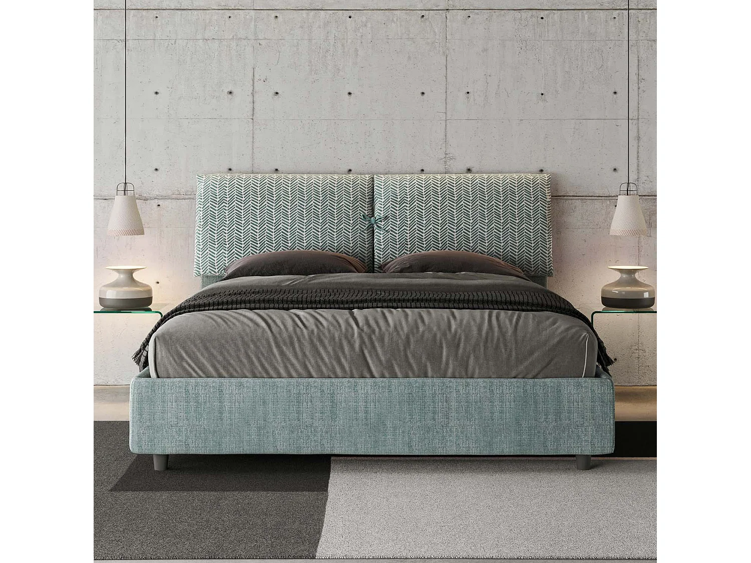 Lit avec sommier rembourré 160x210 tissu Aragona 7 bleu clair Mados