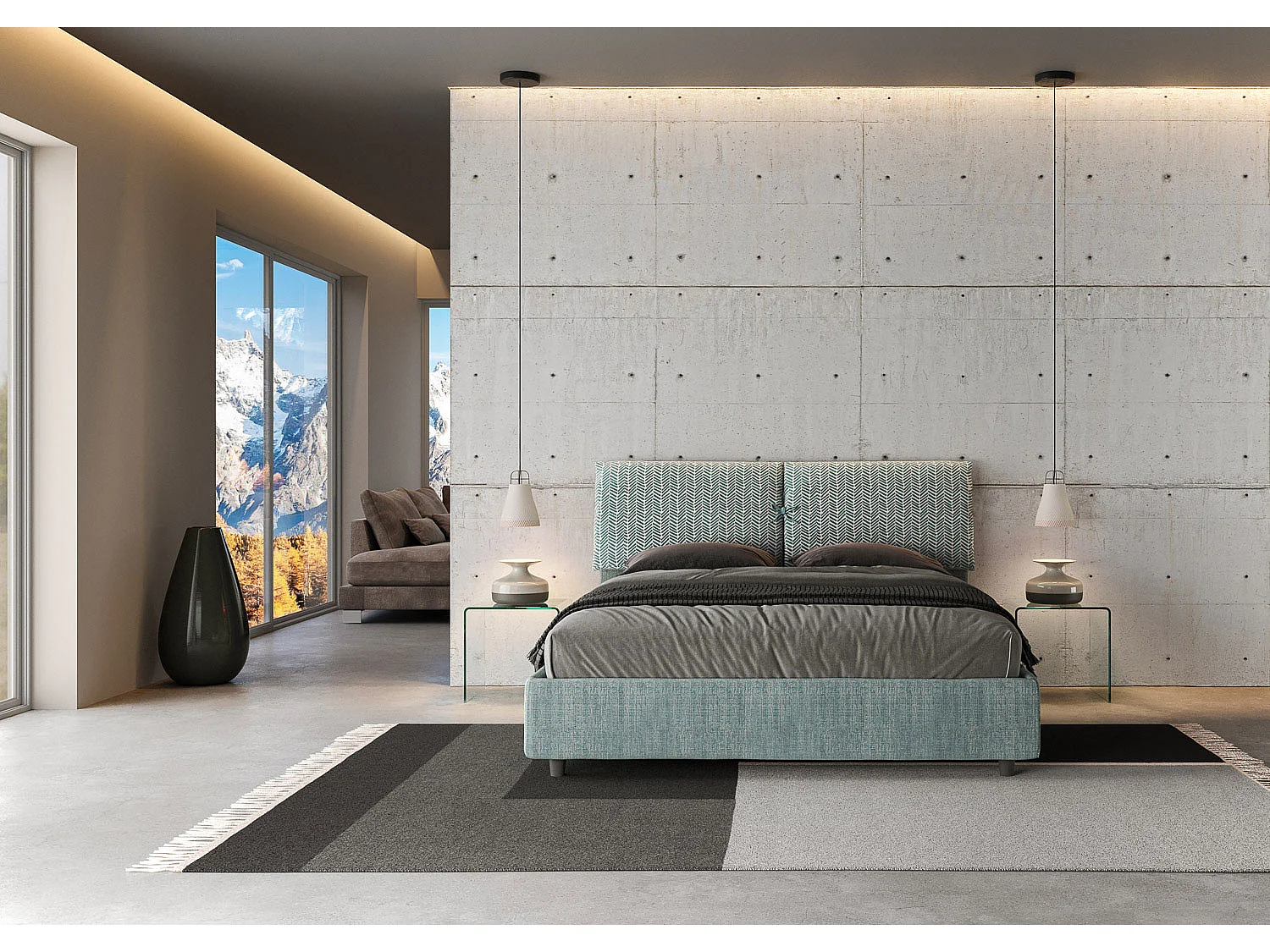 Lit avec sommier rembourré 160x210 tissu Aragona 7 bleu clair Mados