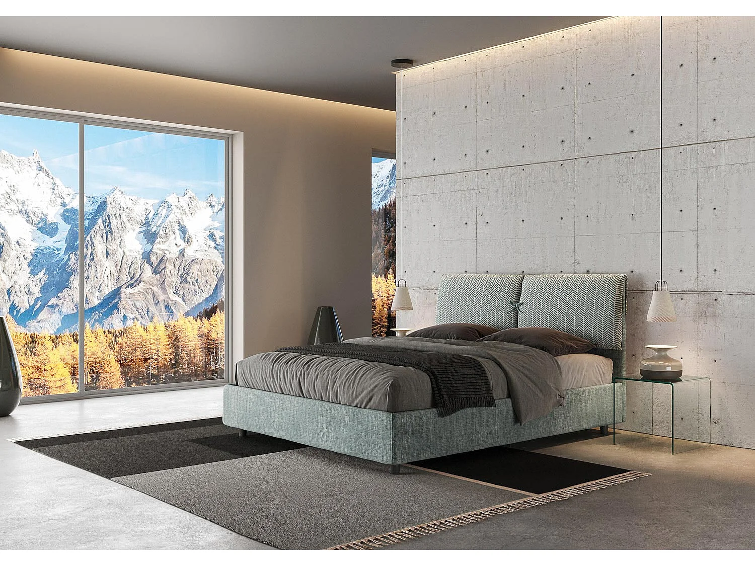 Lit avec sommier rembourré 160x210 tissu Aragona 7 bleu clair Mados