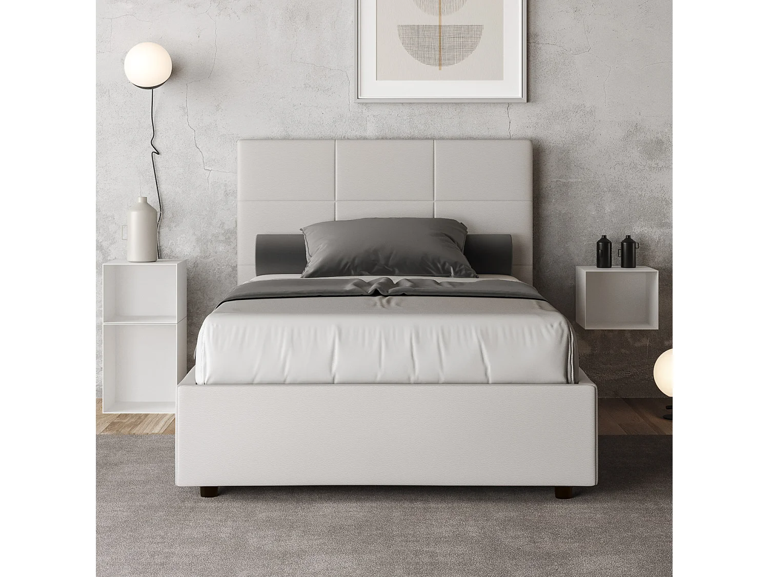 Lit 1 place et demi coffre rembourré 120x190 similicuir blanc Mika