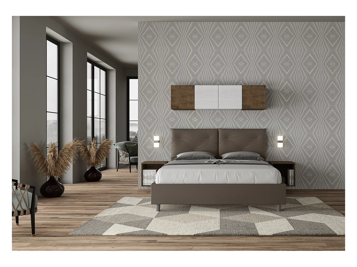 Cama de casal queen size com arrumação estofada 160x200 pele sintética cappuccino Appia