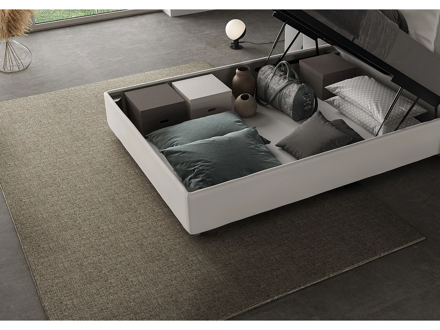 Cama de corpo e meio com arrumação estofada 120x200 pele sintética branco Agueda